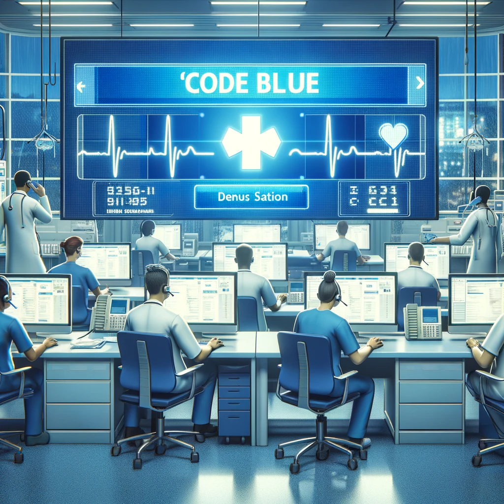 DALL·E 2023-11-27 10.05.05 - Depict a scene in a hospital setting where hospital staff are receiving a 'Code Blue' alert. Show some staff looking at computer screens displaying th