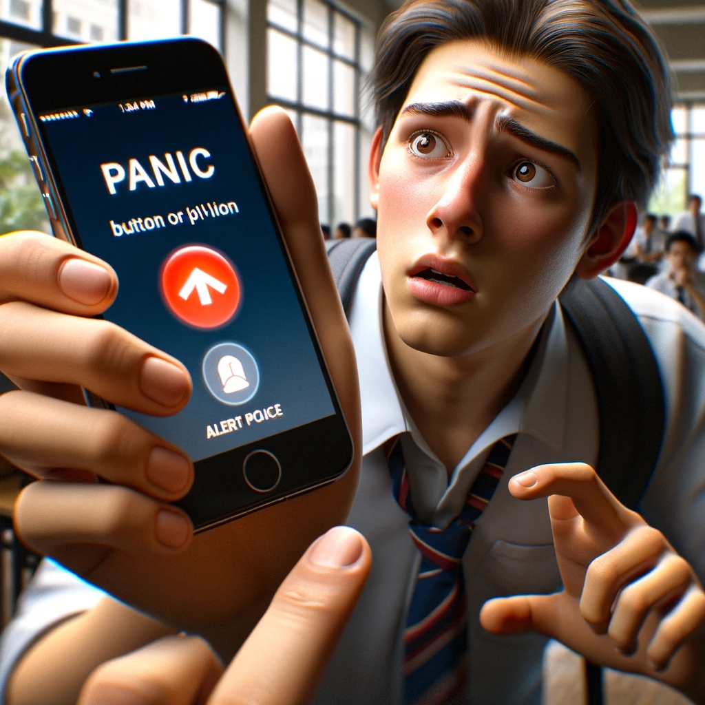 DALL·E 2023-11-29 15.18.00 - Create a realistic image of a student, depicted with a nervous expression, activating a panic button on their iPhone to alert the police. The focus sh