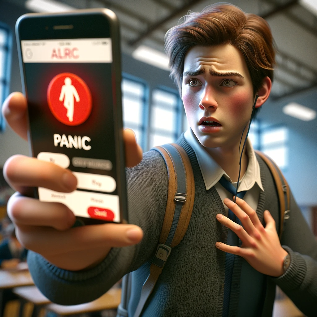 DALL·E 2023-11-29 15.24.31 - Create a realistic image of a student, depicted with a nervous expression, activating a panic button on their smartphone to alert the police. The focu